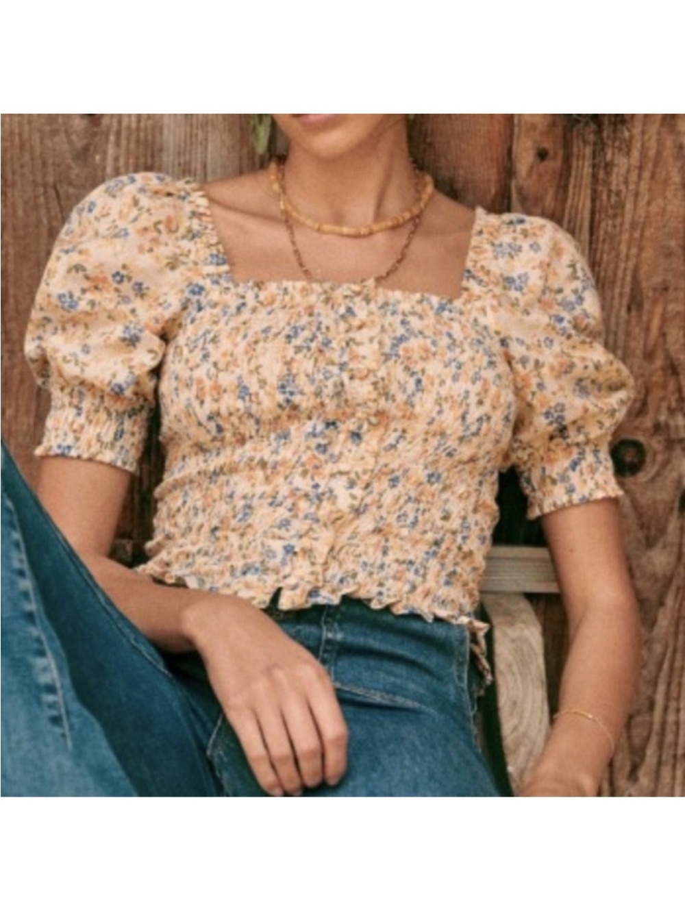 Sezane Yellow Floral Smocked Square-Neck Puff Sleeve Top
